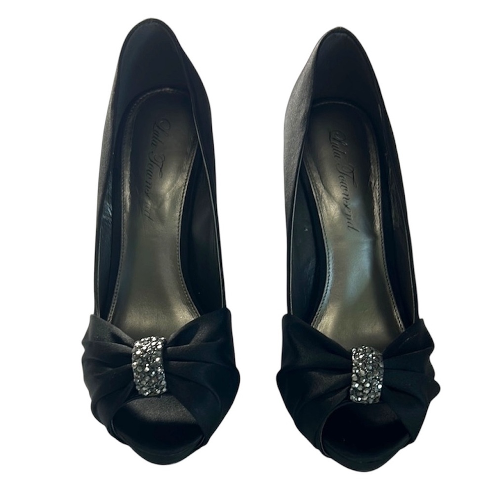 Lulu Townsend Black Satin Heels with Rhinestone Detail